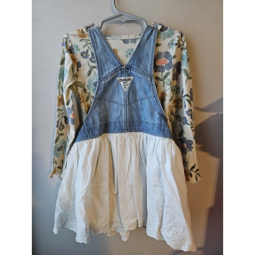 OshKosh B'gosh Denim Overall Dress with Carter's Floral Long Sleeve Top – Size 5